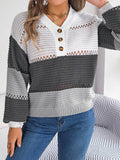 V-Neck Color-Blocked Lantern Sleeve Sweater