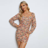 Square Neck Floral French Waist Slimming Dress