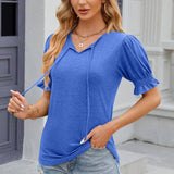 V-Neck Drawstring Pleated Loose Fitting T-Shirt
