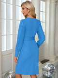 V-Neck Long-Sleeved, Belt-Hugging Knitted Dress