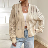 Vintage V-Neck Solid Color Hollow Knit Cardigan