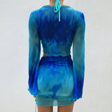 Tie-Dye Print V-Neck Mesh Long Sleeve Skirt Set