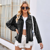 Washed Beaded Long-Sleeved Casual Denim Jacket
