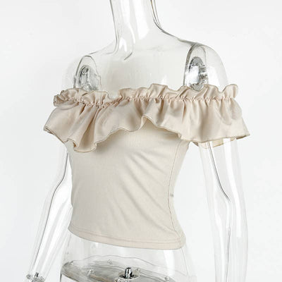 Solid Color One-Line Shoulder Ruffle Trim Top