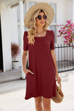 Solid Color Dress With Square Neck Pocket