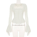 Square Collar Flared Sleeve Lace Shirt Of Top