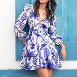 V-Neck Cinched Waist Lantern Sleeve Lace-Up Dress