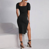 Square-Neck Pleated Body-Hugging Knitted Dress