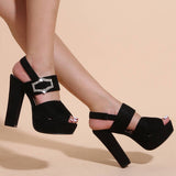 BLACK BUCKLE OPEN TOE CHUNKY HIGH HEELS_CWSHH0131