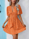 V-Neck Print Floral Pleated Dress