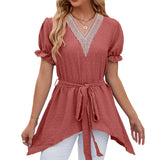 V-Neck Lace Jacquard Lace Up Short Sleeved Dress