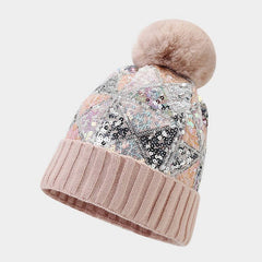 COLORFUL SEQUINED POM POM KNITTED HAT_CWAH1613