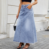 Women High Waist Denim Midi Skirt With Pockets_Cwjsk0203