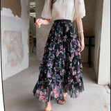 COLORFUL FLORAL MESH PRINT PLEATED TULLE SKIRT_CWBLS0399