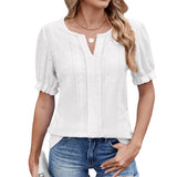 Solid Color V-Neck Puffed Sleeve Jacquard T-Shirt