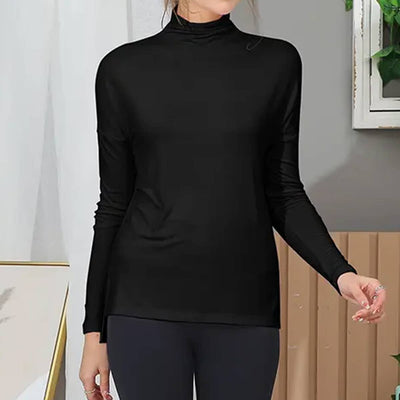 Solid Color Long Sleeved High Neck T Shirt_Cwttl1438