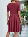 Solid Color V-Neck Short-Sleeved Pleated Dress