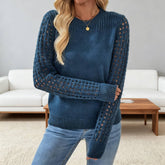 Solid-Color Cut-Out Round-Neck Knitted Sweater