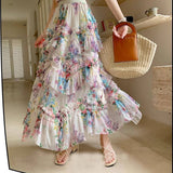 COLORFUL FLORAL MESH PRINT PLEATED TULLE SKIRT_CWBLS0399