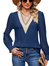 Cwtbll2401_V-Neck Lace Stitching Long-Sleeved Casual Top
