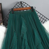 BEADED MESH PLEATED SKIRT A LINE TULLE SKIRT_CWBLS0398