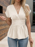 Womens V-Neck Waist-Defining Pleated Shirt