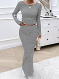 Striped Knitted Long-Sleeved Half-Skirt Suit