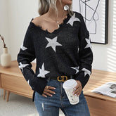 V-Neck Star Jacquard Fringed Knitted Sweater