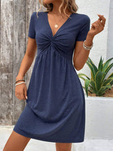 V-Neck, Cinched Waist, Knotted Solid Color Dress