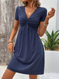V-Neck, Cinched Waist, Knotted Solid Color Dress