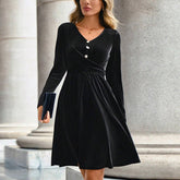 V Neck Hepburn Style Black Velvet Dress_Cwdsd3228