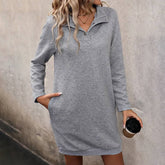 Women Stand Collar Pocket Solid Color A Line Dress_Cwdsd1962