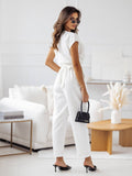 Solid Color V-Neck Commuter Pinch-Waist Jumpsuit