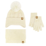 KNITTED POM POM EARMUFF HAT THREE PIECE SET_CWMM2804