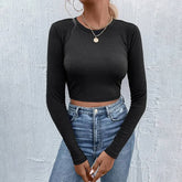 Women Slim Round Neck Long Sleeve Blouse_Cwtbll0503