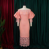 BOAT NECK LACE PATCHWORK LANTERN SLEEVE DRESS_CWDMD3683