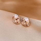 PLEATED GEOMETRIC IRREGULAR ROUND PEARL EARRINGS_CWAJE2340