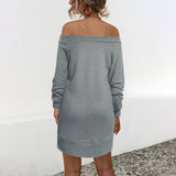 Solid Color Long-Sleeved Off-Shoulder Knit Dress