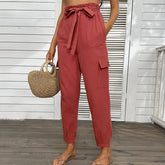 Solid Color High-Waisted Casual Lace-Up Pants