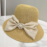 FASHIONABLE PEARL BUTTON BOW SUN HAT_CWAH3595