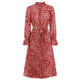 Stand Collar Lace-Up Pleated Casual Long Dress