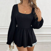 Square Collar Waist Twist Fabric Long Sleeve Top