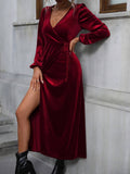 V-Neck Lace-Up Waist Slit Long Velvet Dress