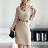 V-Neck Sweater Lace Patchwork Loose Sweater Dress