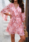 Vacation Floral Tie Waist Chiffon Short Dress