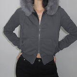 Woolly Patchwork Zipper Hoodie Coat Lady
