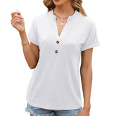 V-Neck Button Solid Color Short-Sleeved T-Shirt