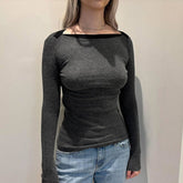 Vintage Color Matching Line Neck T-Shirt