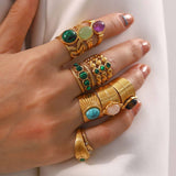GOLD STAINLESS STEEL INLAID NATURAL STONE RINGS_CWAJE0611