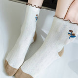 White Coffee Color Floral Print Crew Socks_Cwms0298